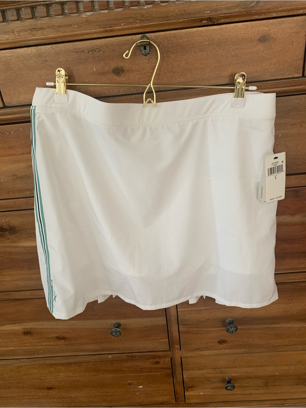 NWT Ralph Lauren Skort: White w/Green/Blue Side Stripe, Pleated Back, Pocket, L